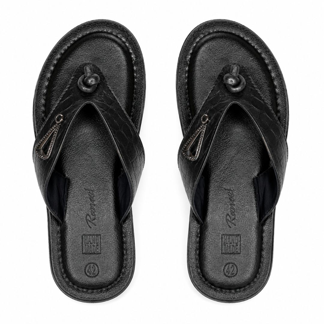 Black Leather Sandal with Toe Loop and Contoured Footbed